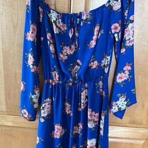 Altar’d State blue floral print; floor length w/ tapered waist. Very flattering